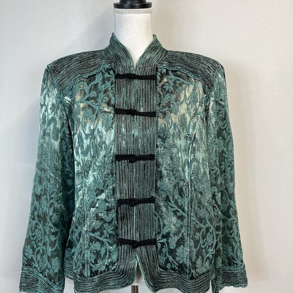 Coldwater Creek Oriental Asian Jacket size Extra Large Sage Green Black Brocade - Picture 2 of 10
